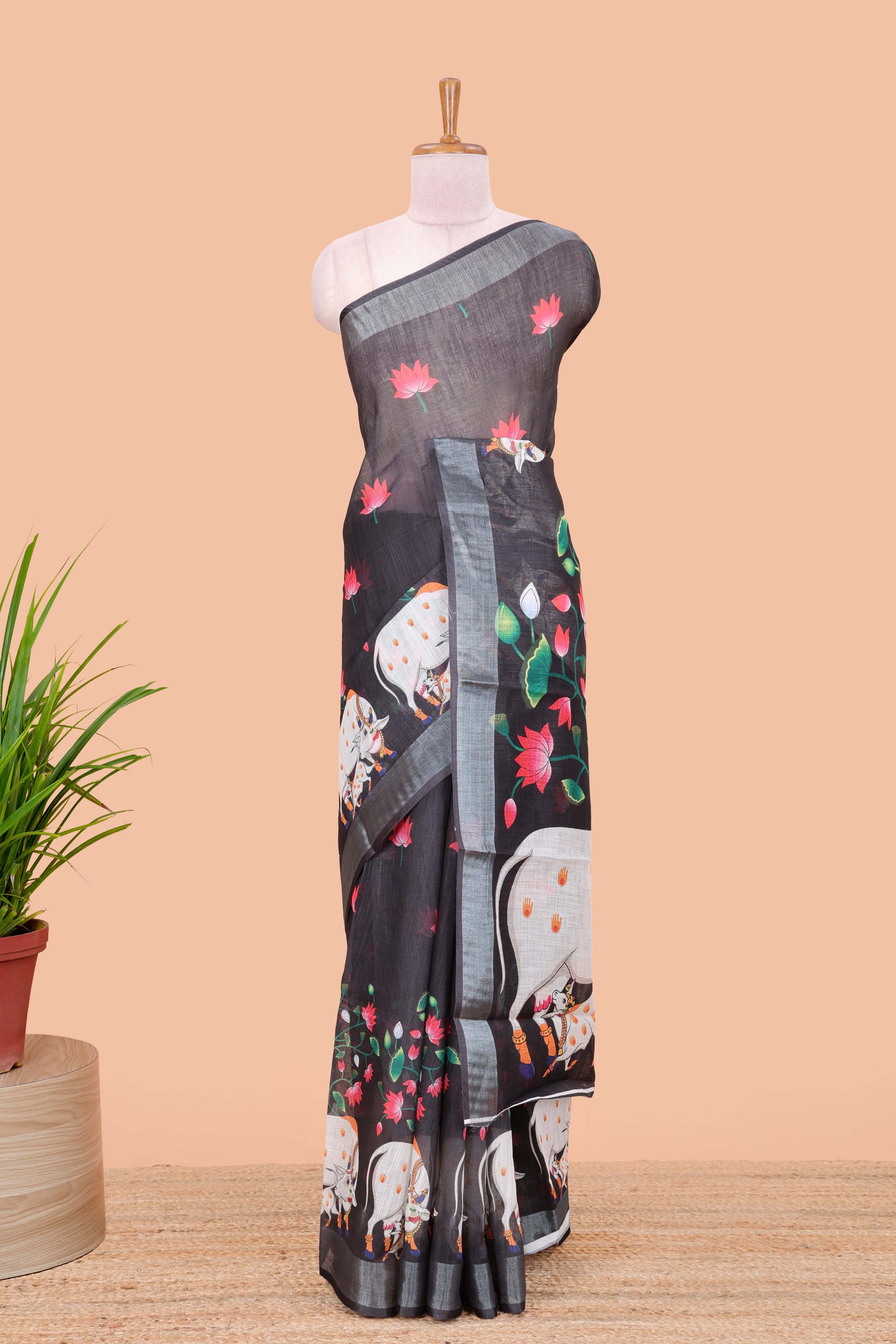 Black printed linen saree