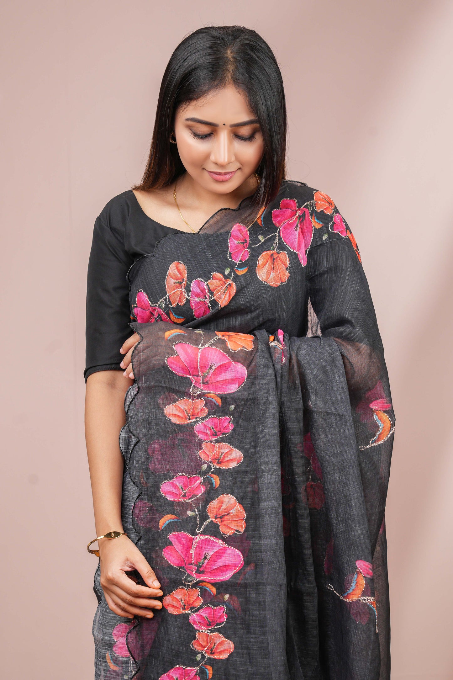 Black printed linen silk saree