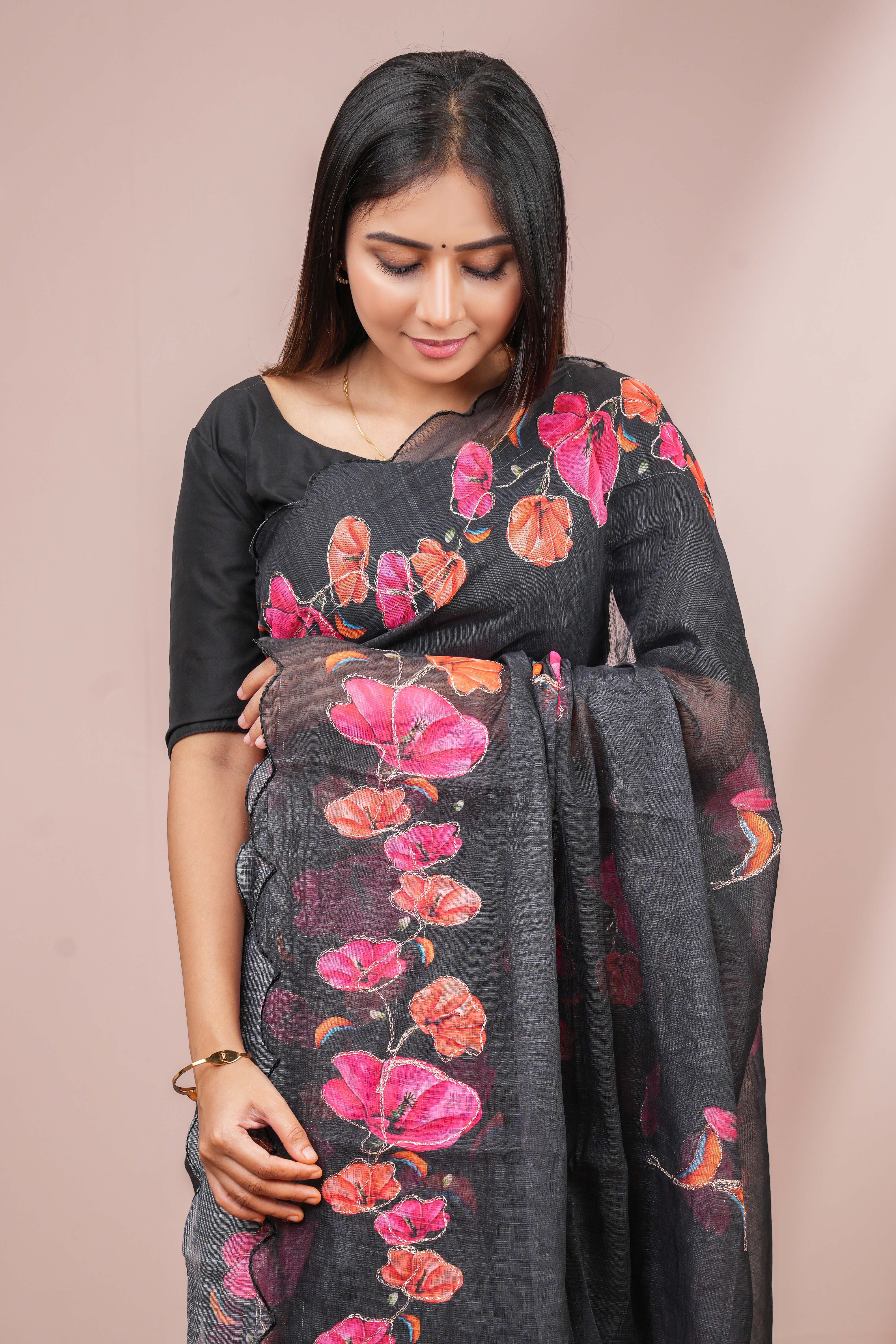Black printed linen silk saree