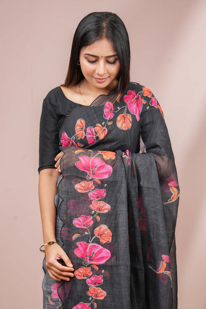 Black printed linen silk saree
