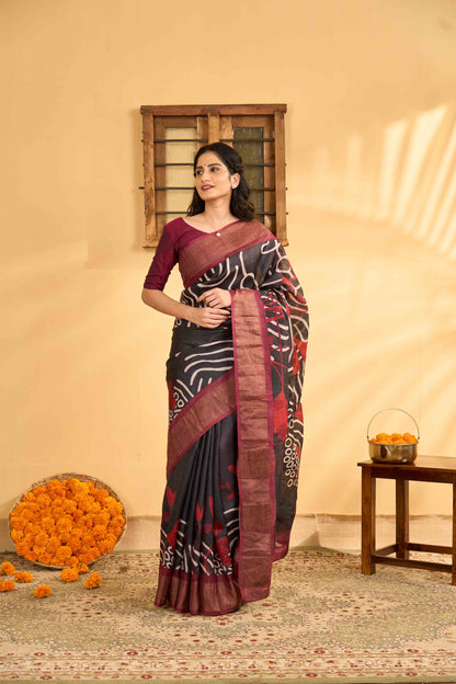 Black red abstract tussar silk saree