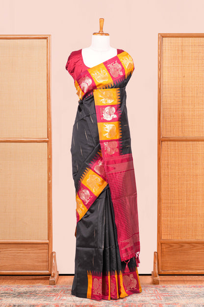 Black semi art silk elephant border saree