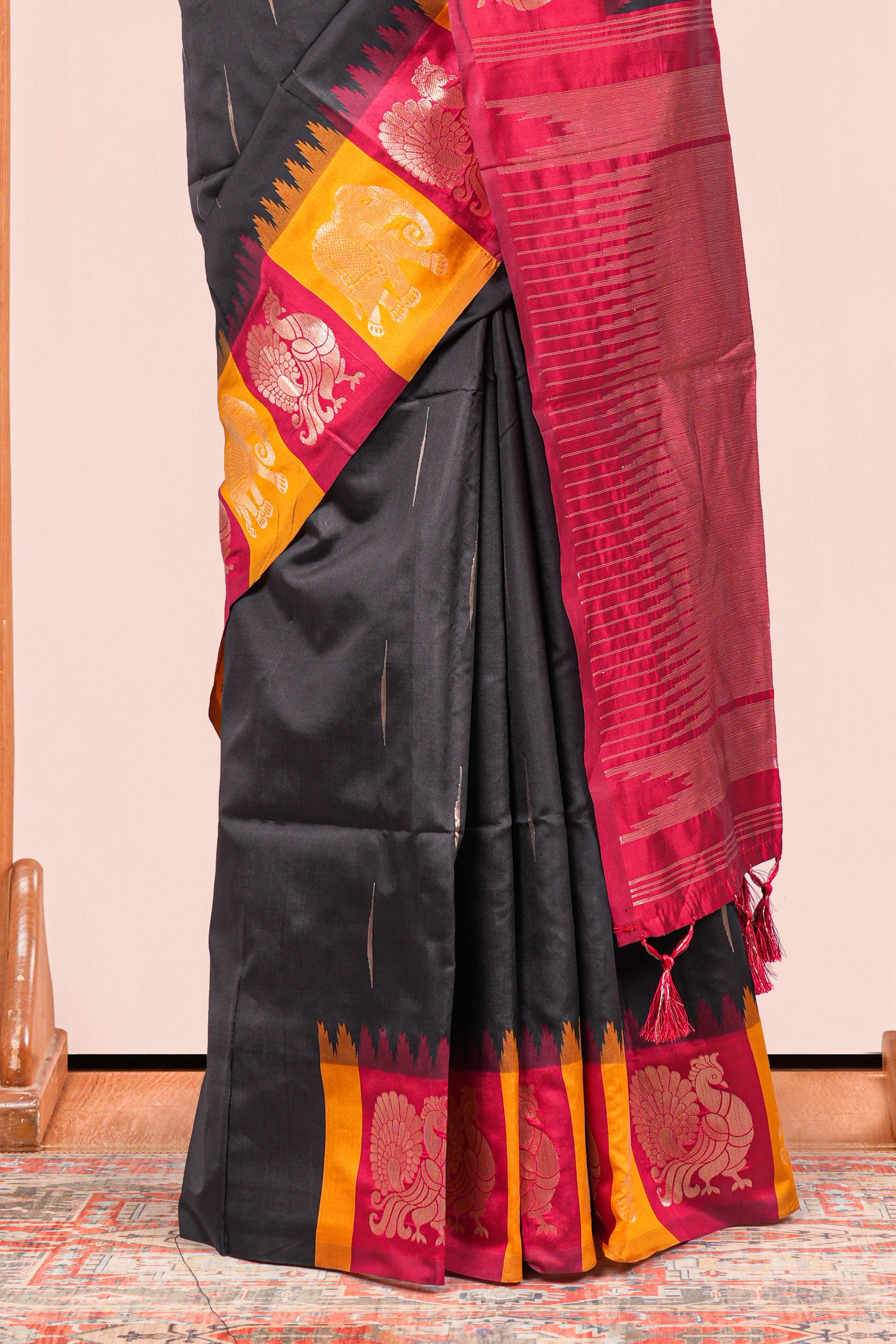 Black semi art silk golden pallu saree