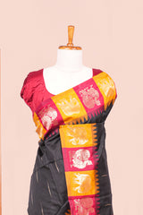 Black semi art silk peacock border saree