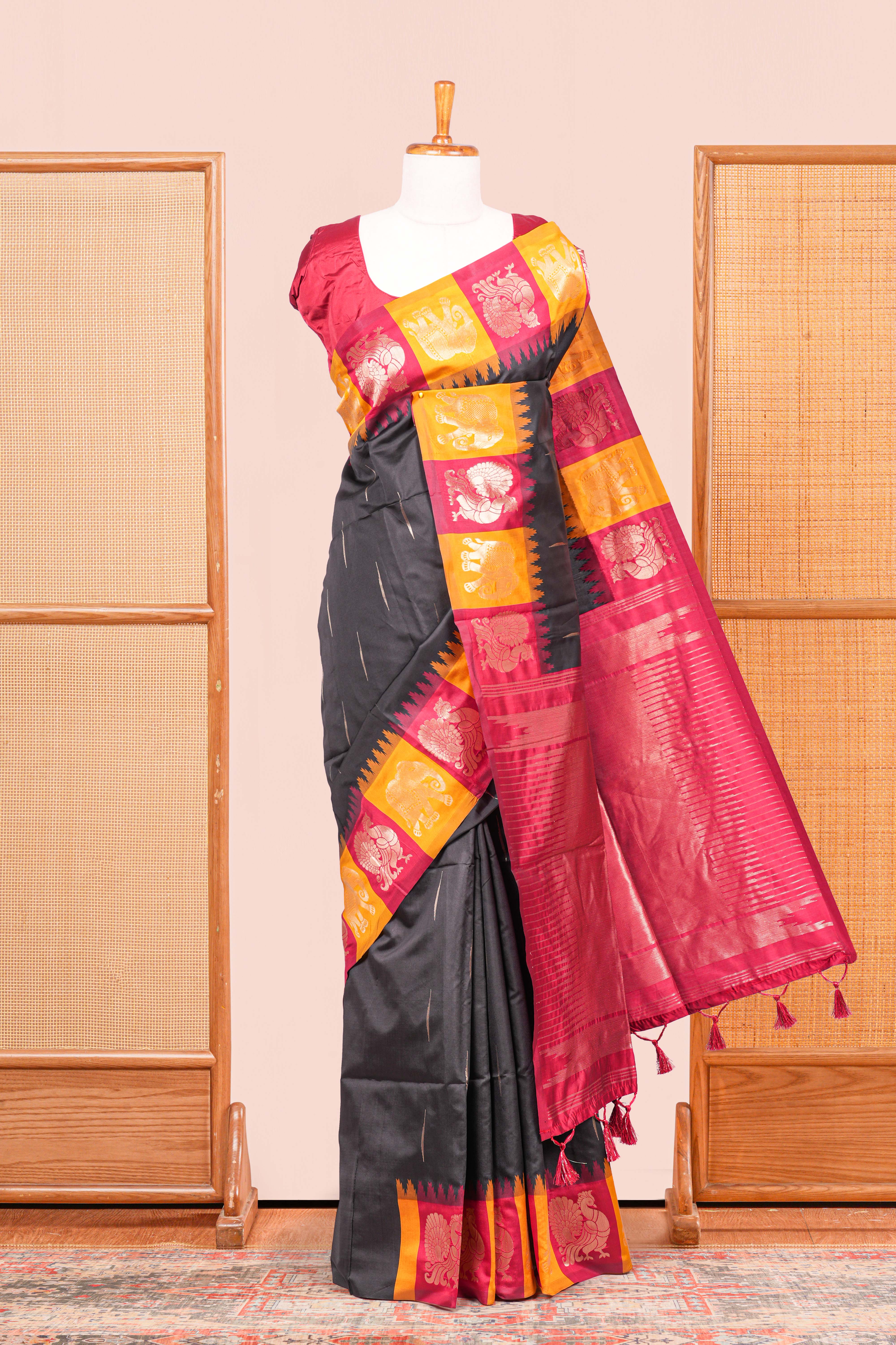 Black semi art silk zari butta saree