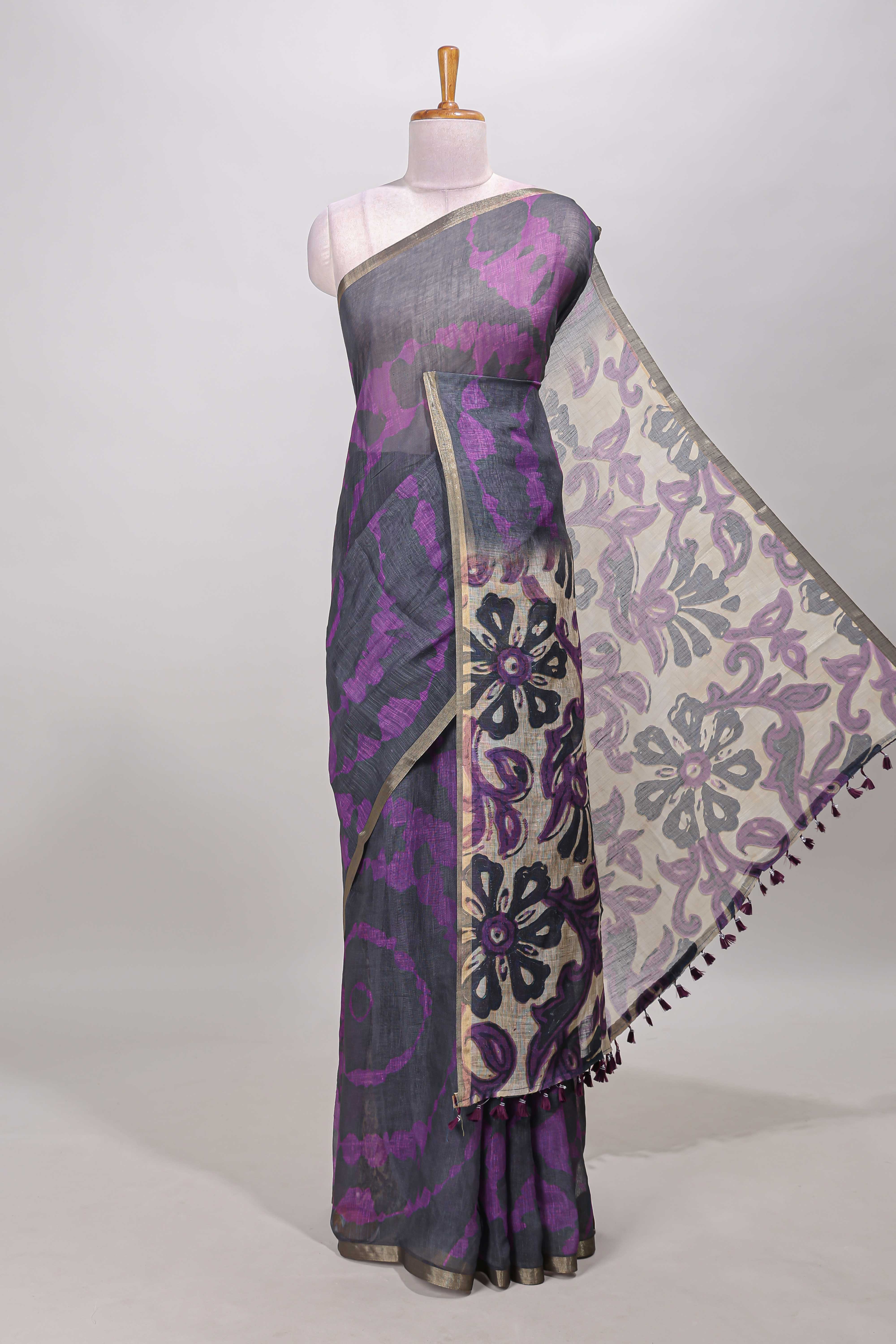 Black shibori linen saree