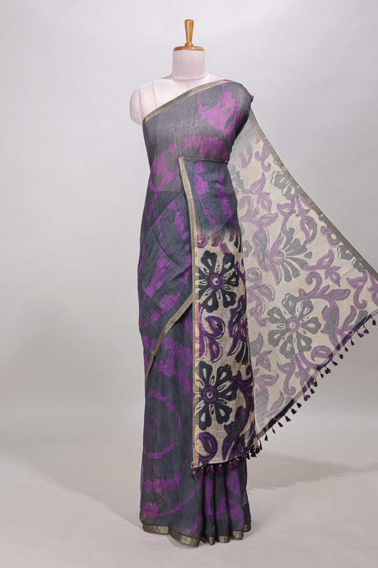 Black shibori linen saree