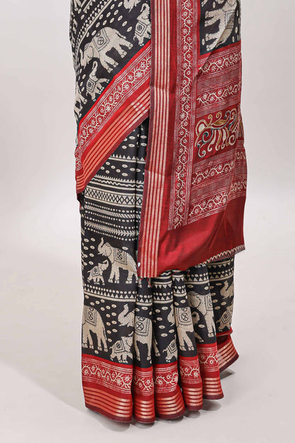 Black traditional chanderi saree elephant motifs