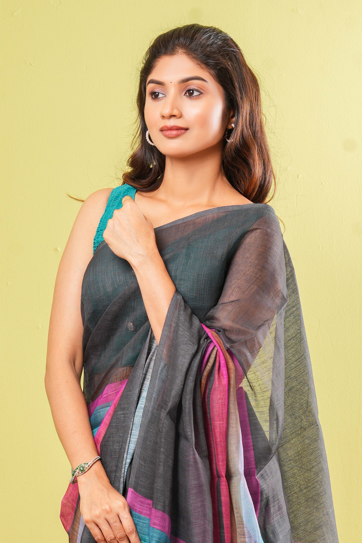 Black traditional linen cotton saree