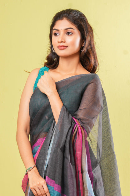 Black traditional linen cotton saree