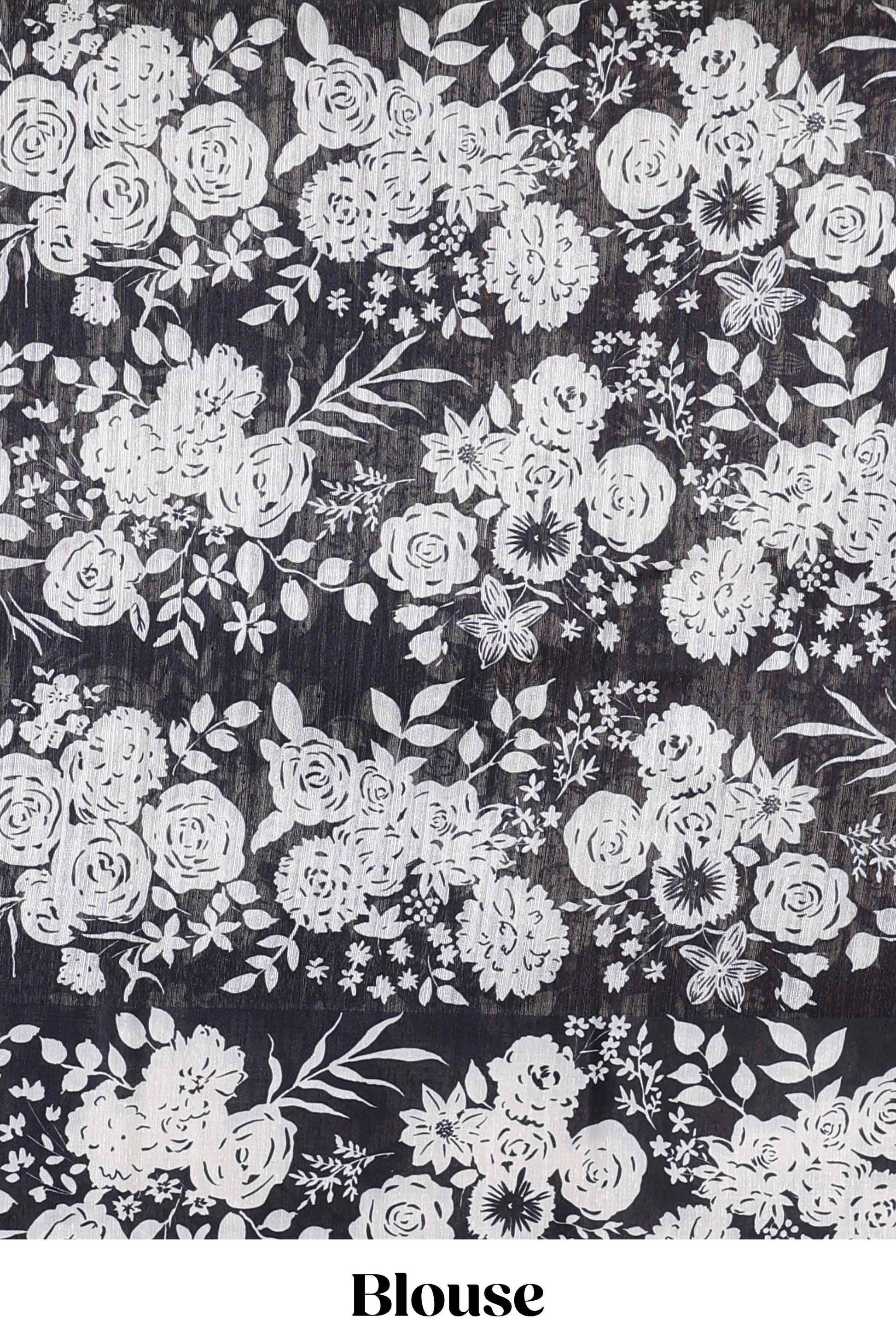 Black woven floral linen saree