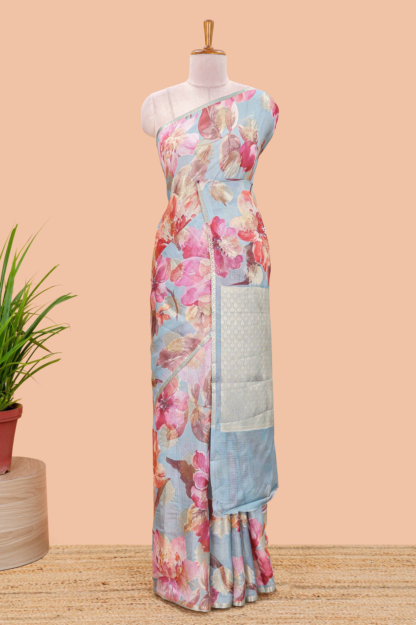 Blue Casual Kota Silk Cotton Saree with Stylish Pallu