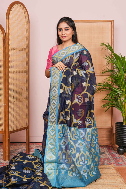 Blue Chanderi Cotton Saree Floral jaal design Across The Body With Contrast Pallu
