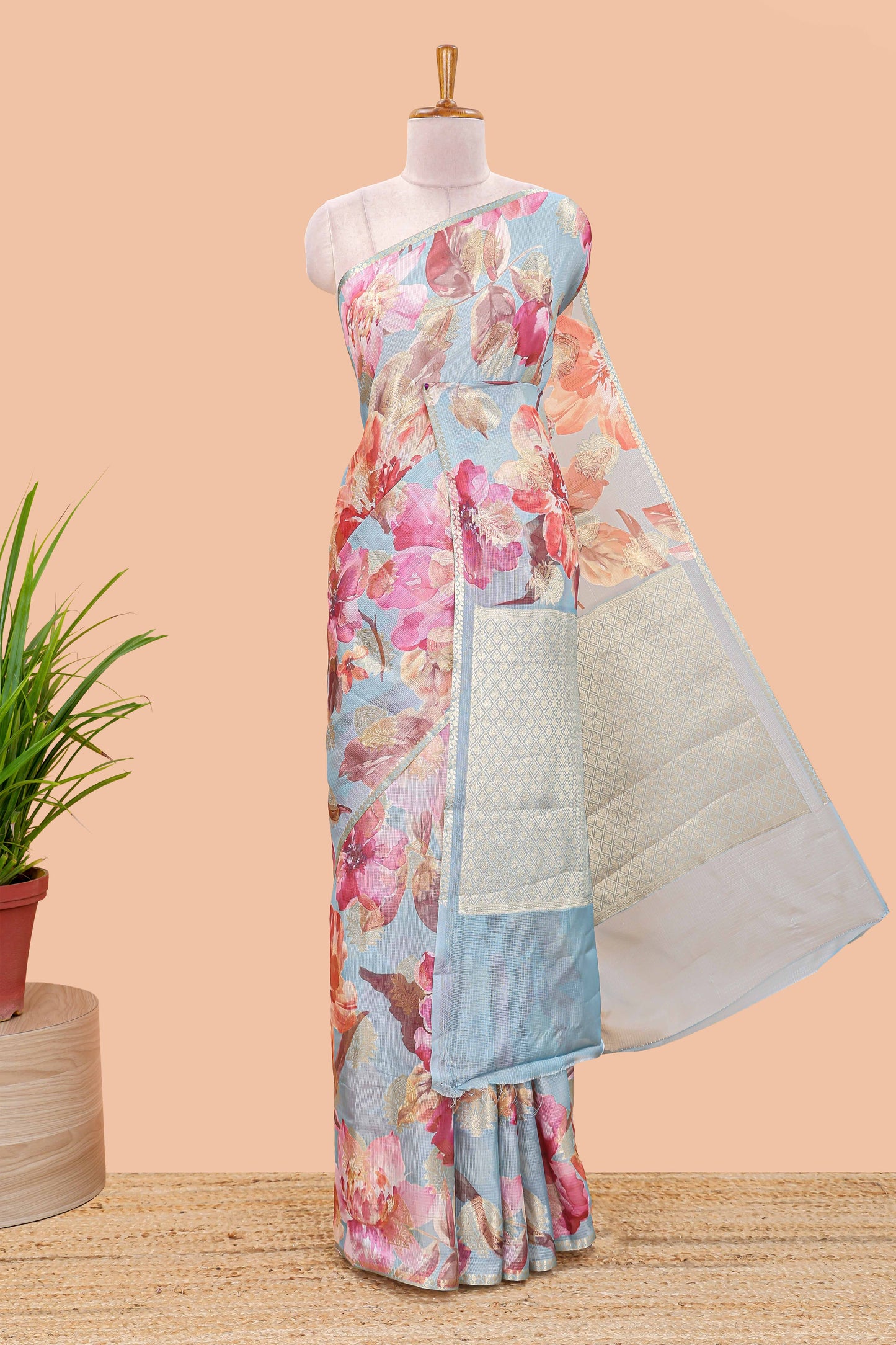 Blue Kota Silk Cotton Saree with Elegant Border and Pallu