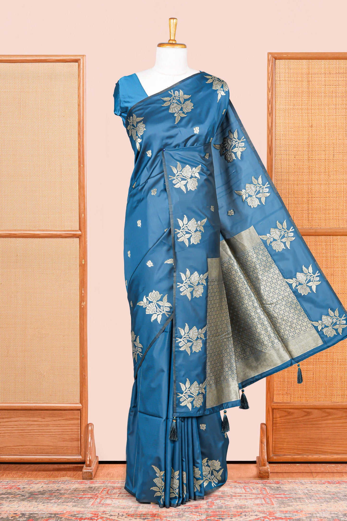 Blue art silk floral zari saree