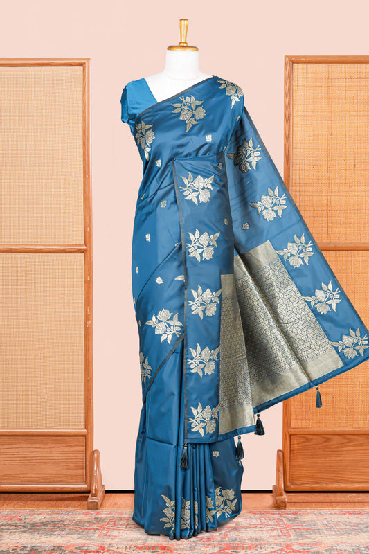 Blue art silk floral zari saree