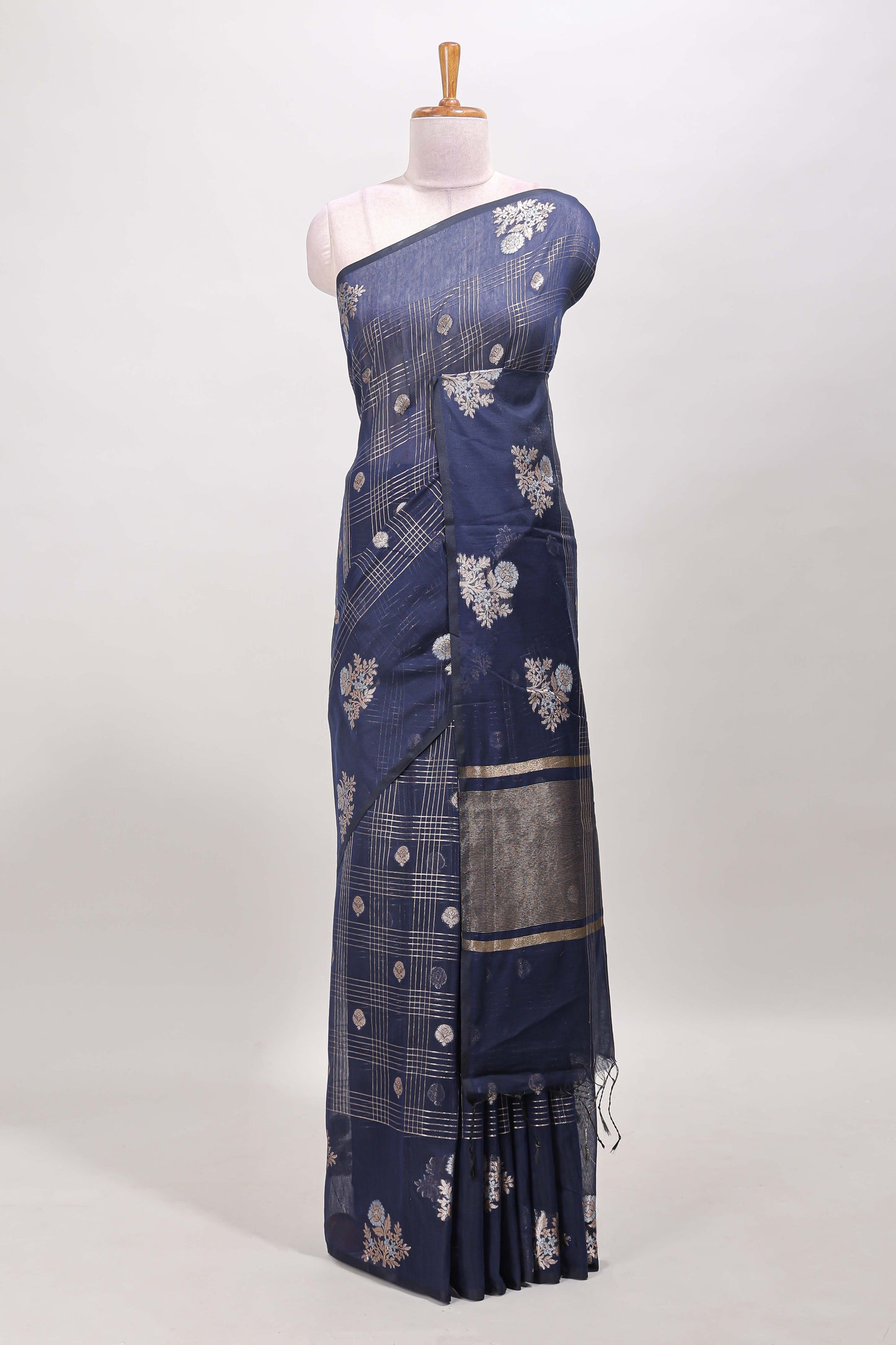 Blue chanderi cotton saree checked design
