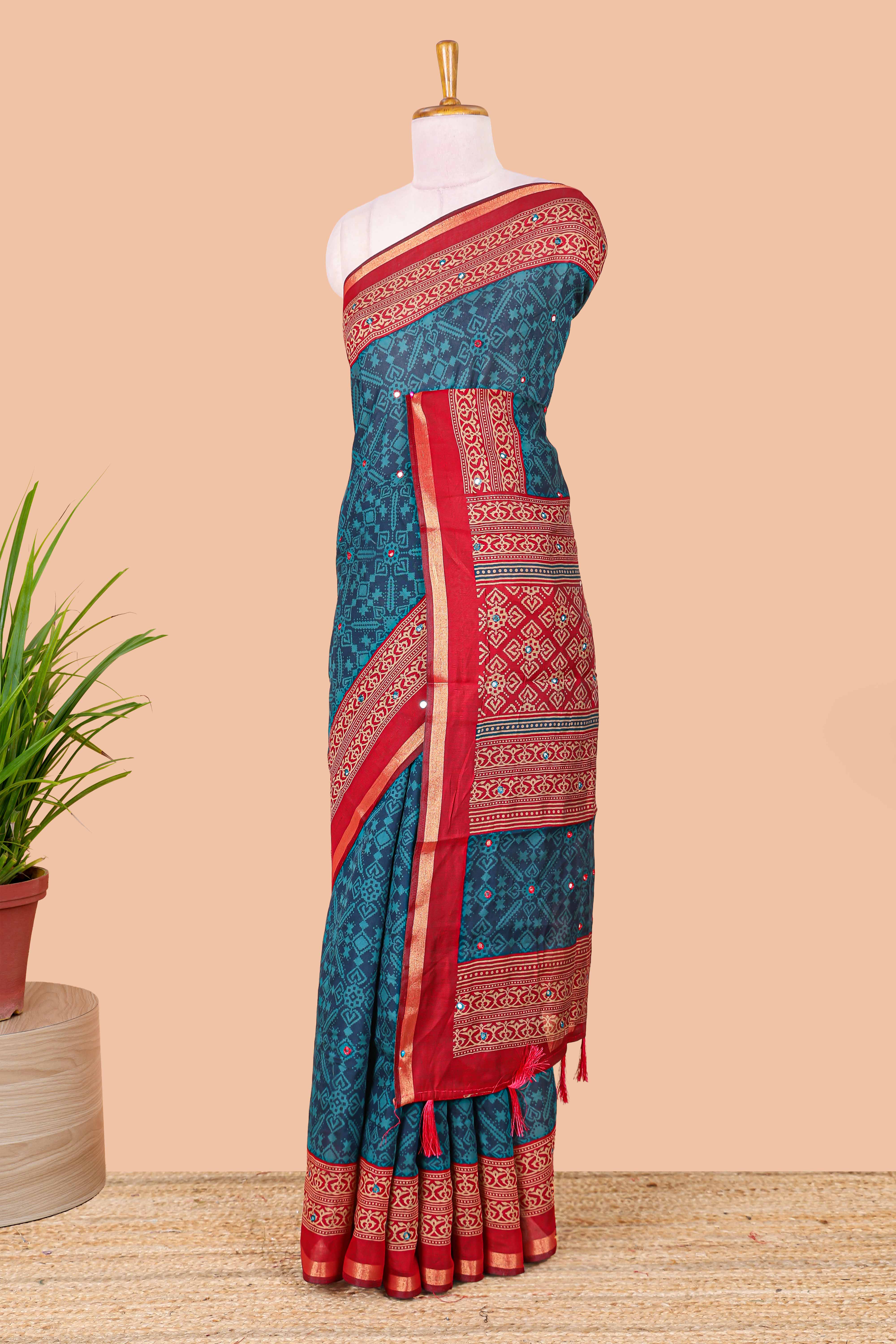 Blue chanderi cotton saree geometric design