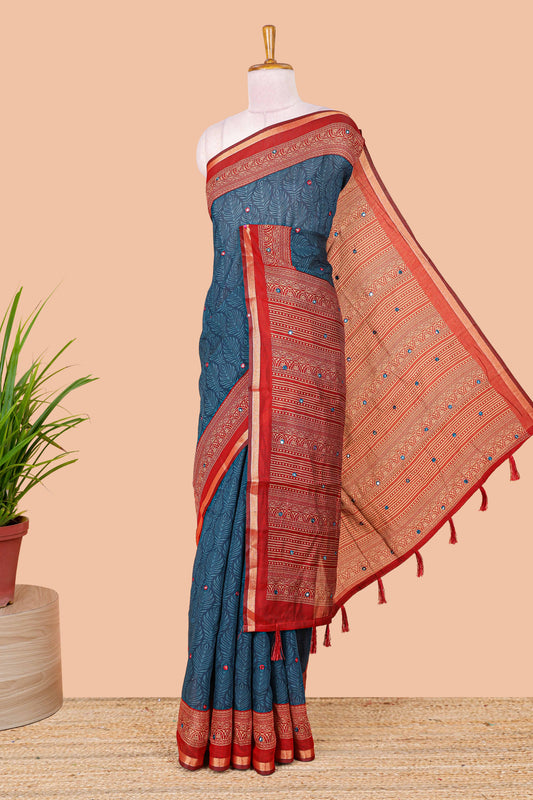 Blue chanderi cotton saree peacock feather mirror work