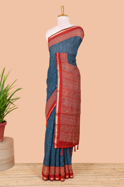 Blue chanderi cotton saree peacock print