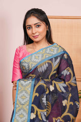 Blue chanderi cotton saree with borders