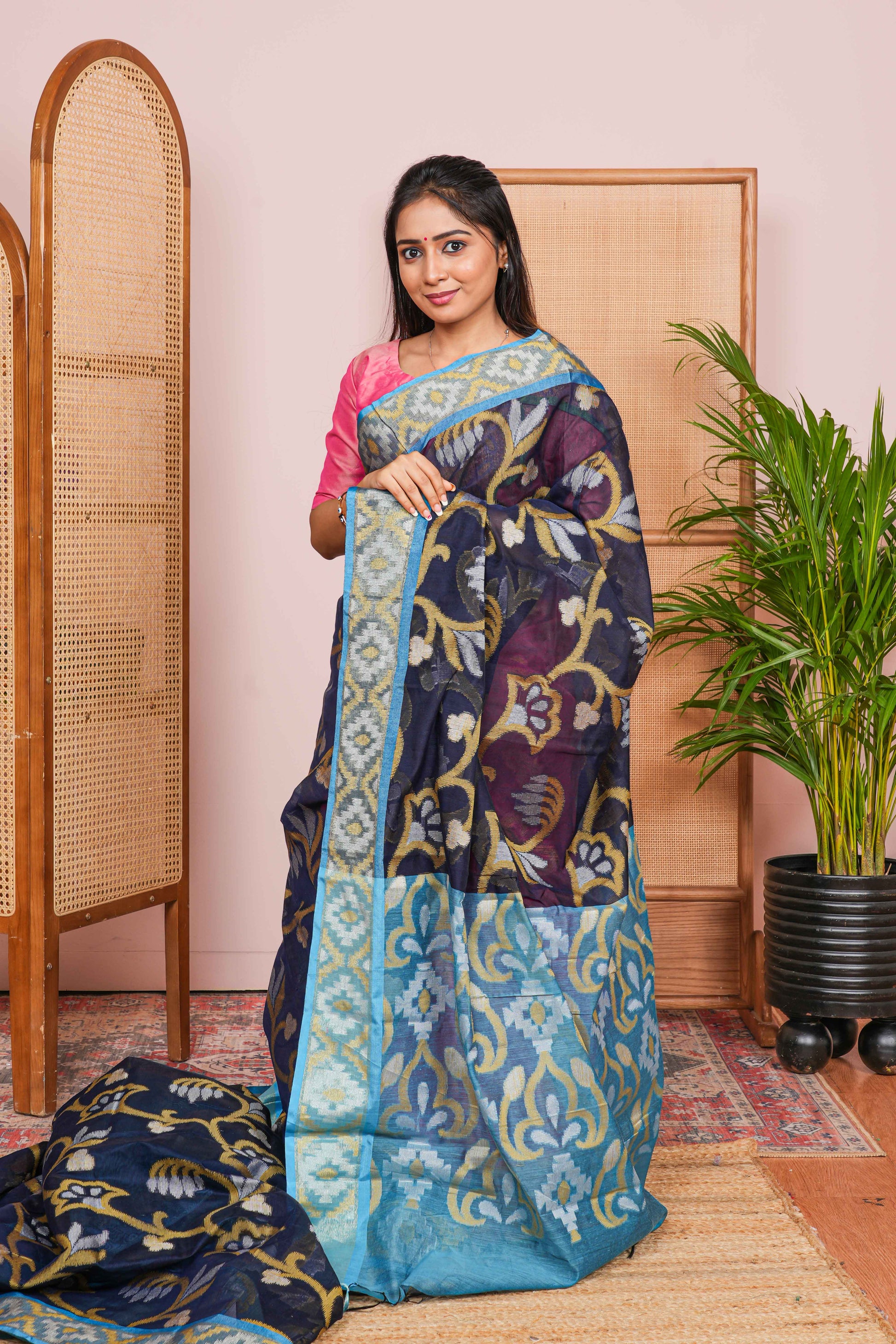Blue chanderi cotton saree with floral jaal design