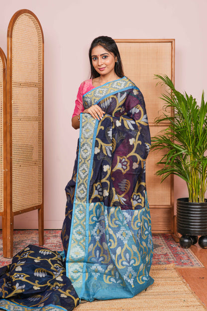 Blue chanderi cotton saree with floral jaal design