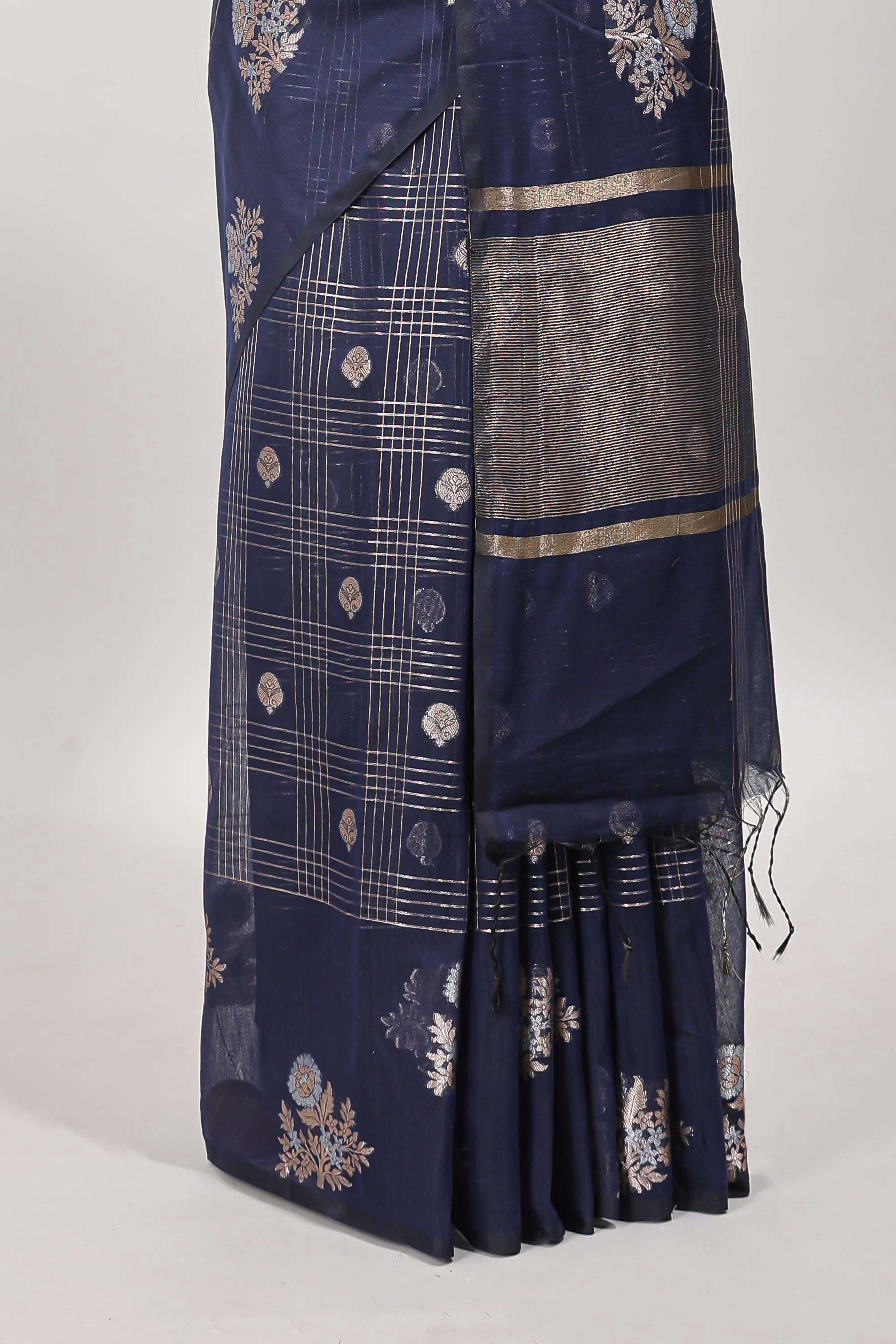 Blue chanderi saree self border striped blouse
