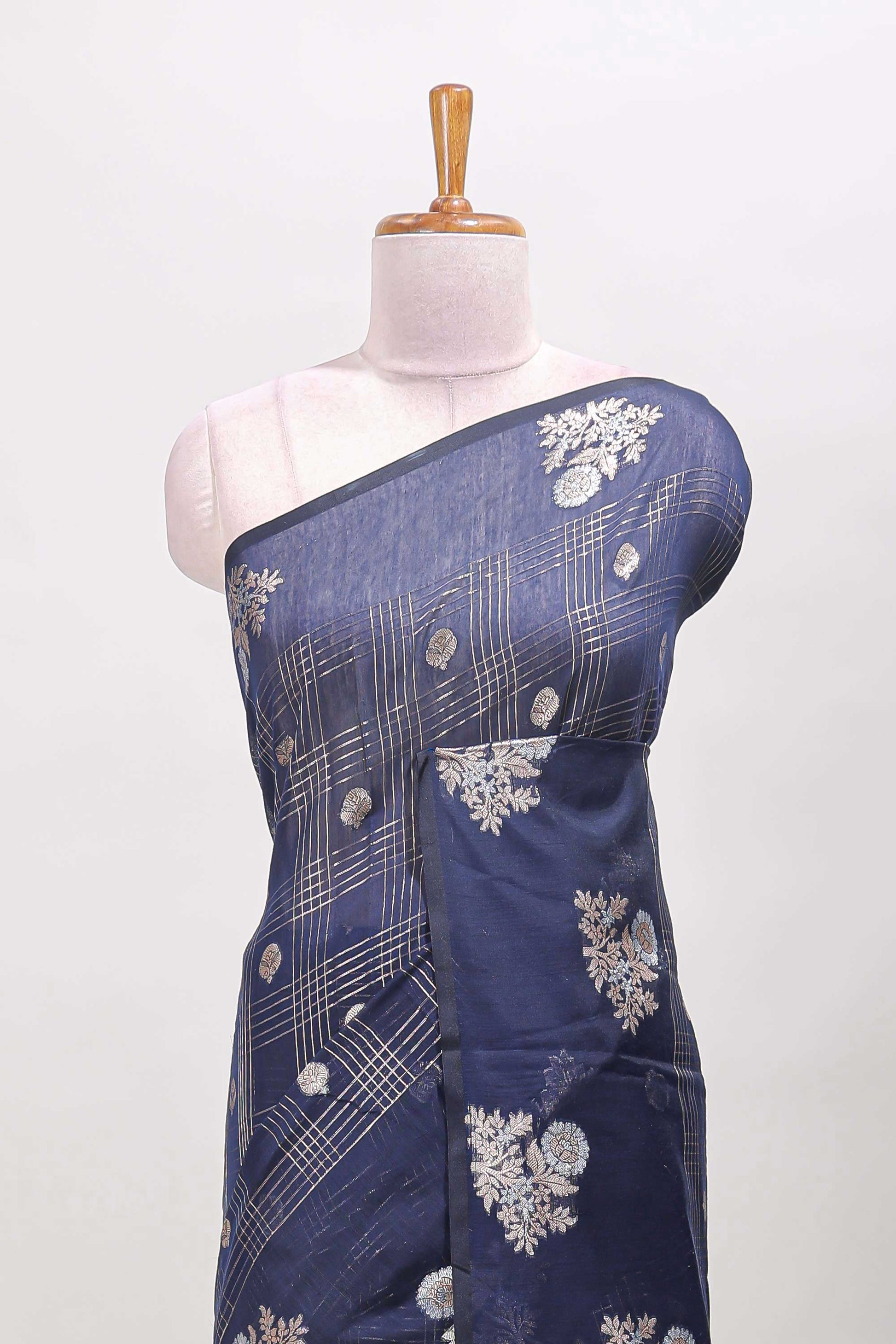 Blue checked chanderi saree zari motifs