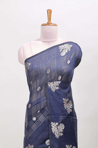 Blue checked chanderi saree zari motifs