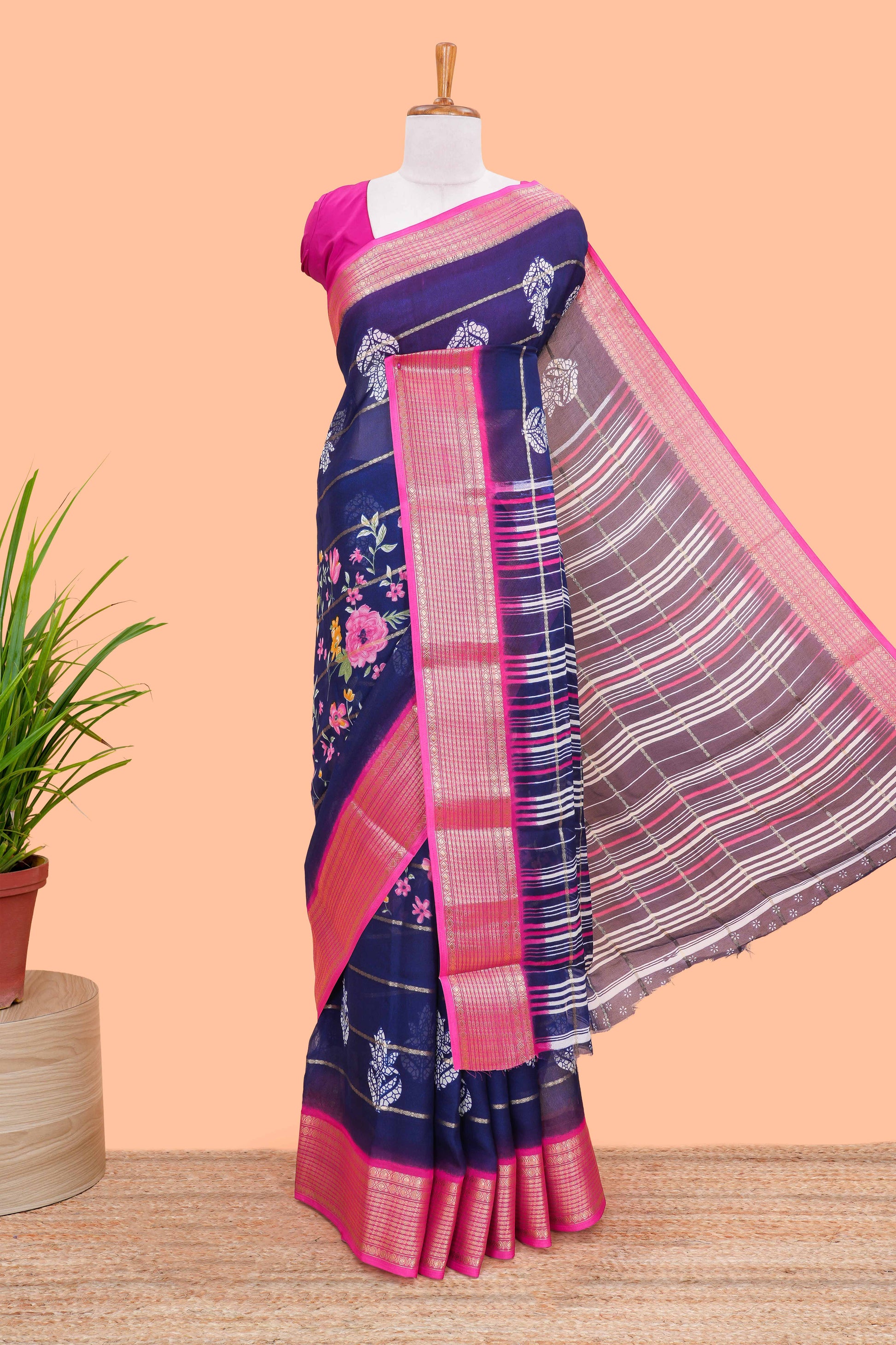 Blue chiffon georgette striped saree