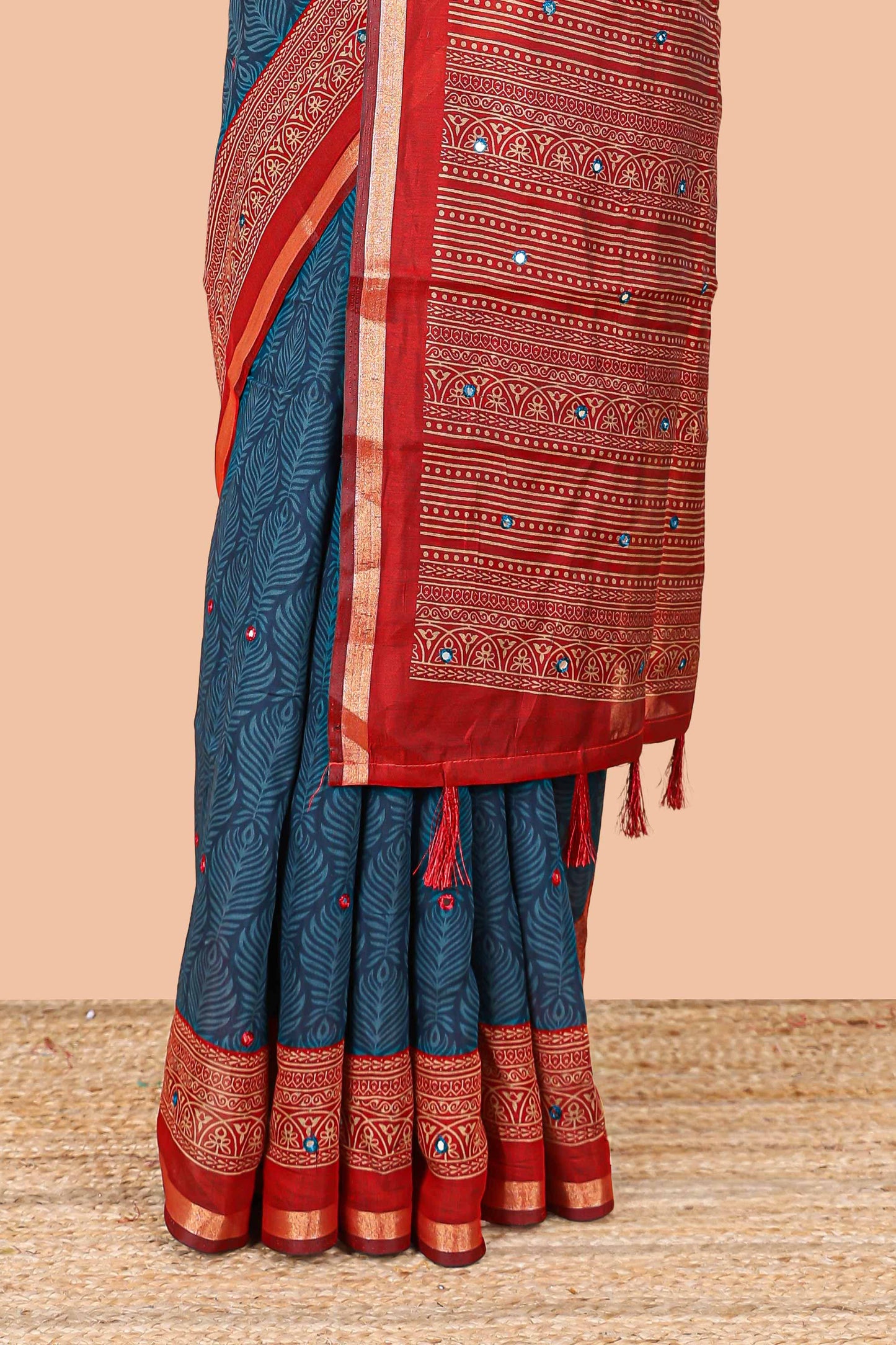 Blue contrast border chanderi saree mirror work