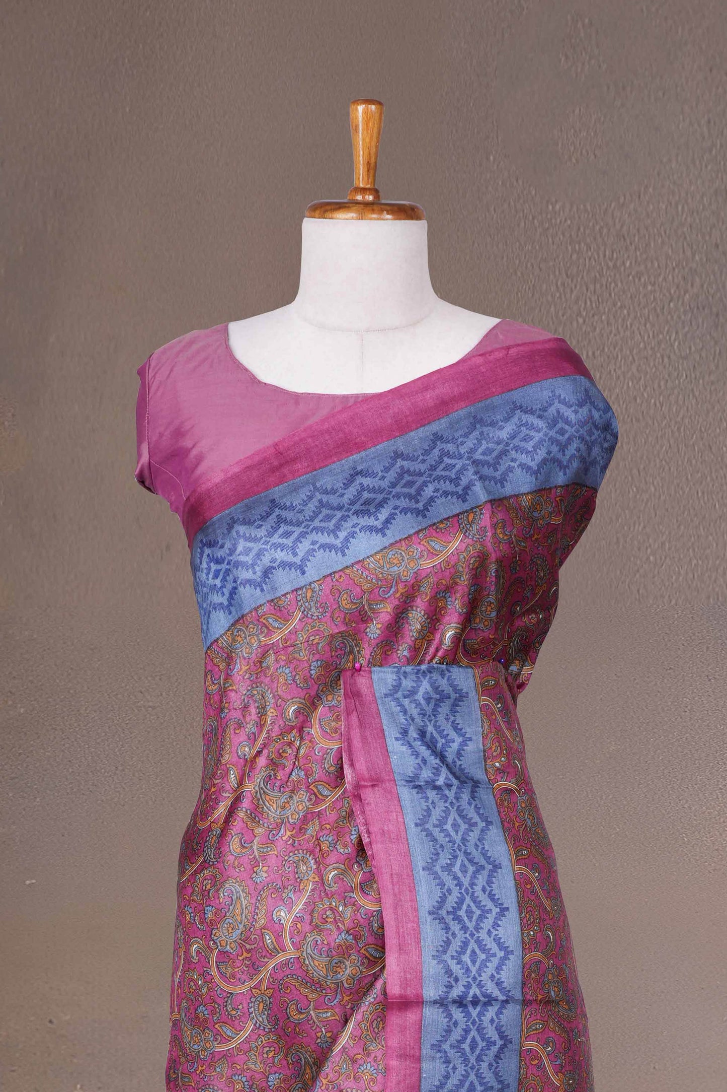 Blue contrast border tussar silk saree
