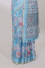 Blue contrast linen cotton saree