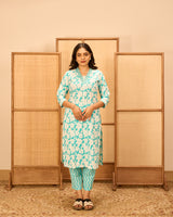 Blue cotton embroidered neckline suit