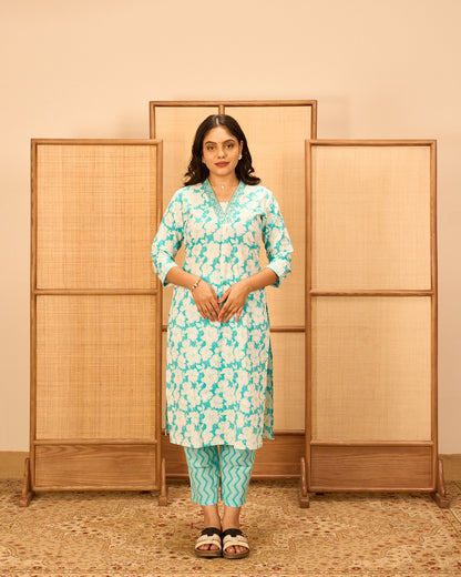 Blue cotton embroidered neckline suit