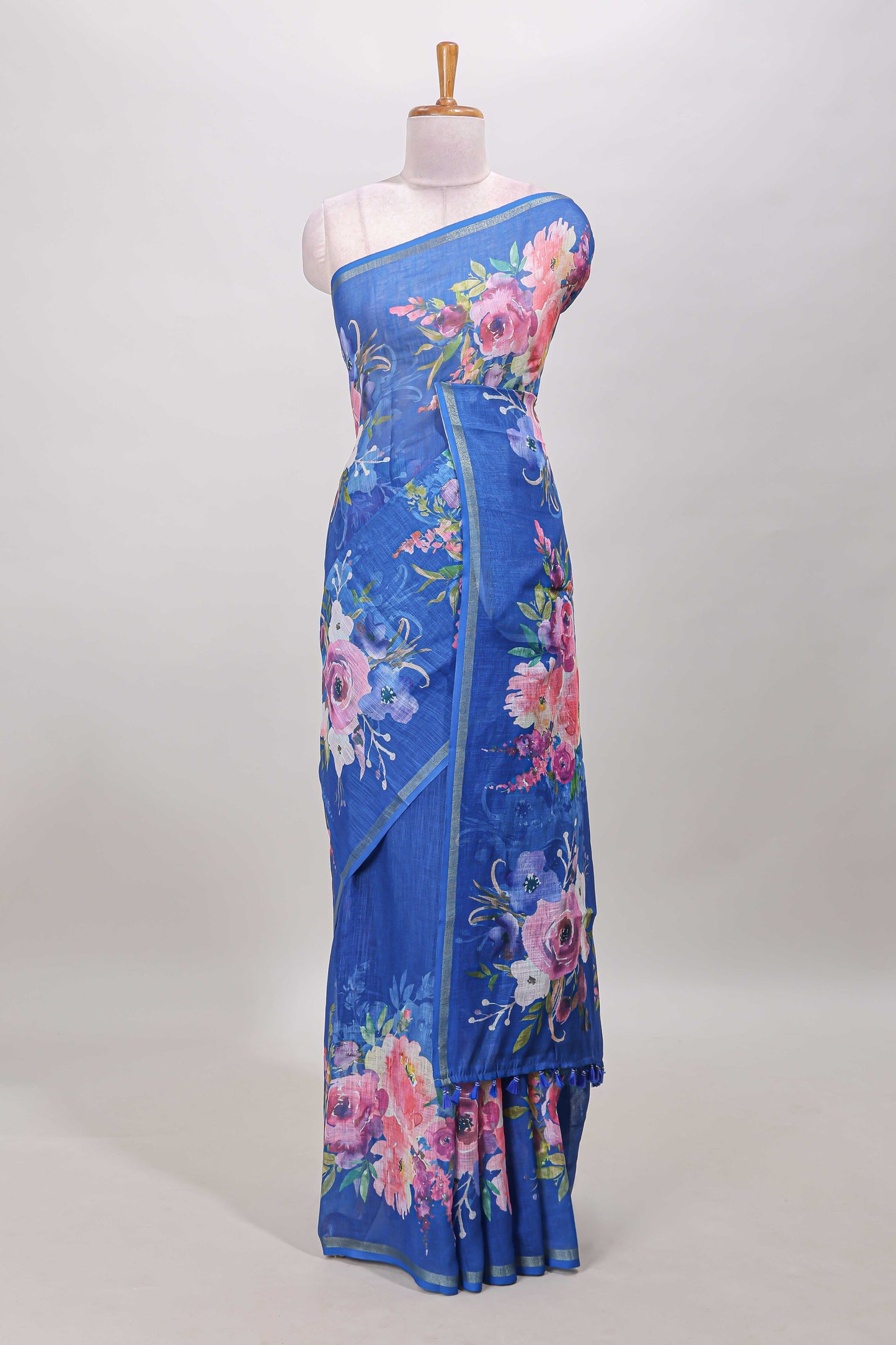Blue cotton linen saree