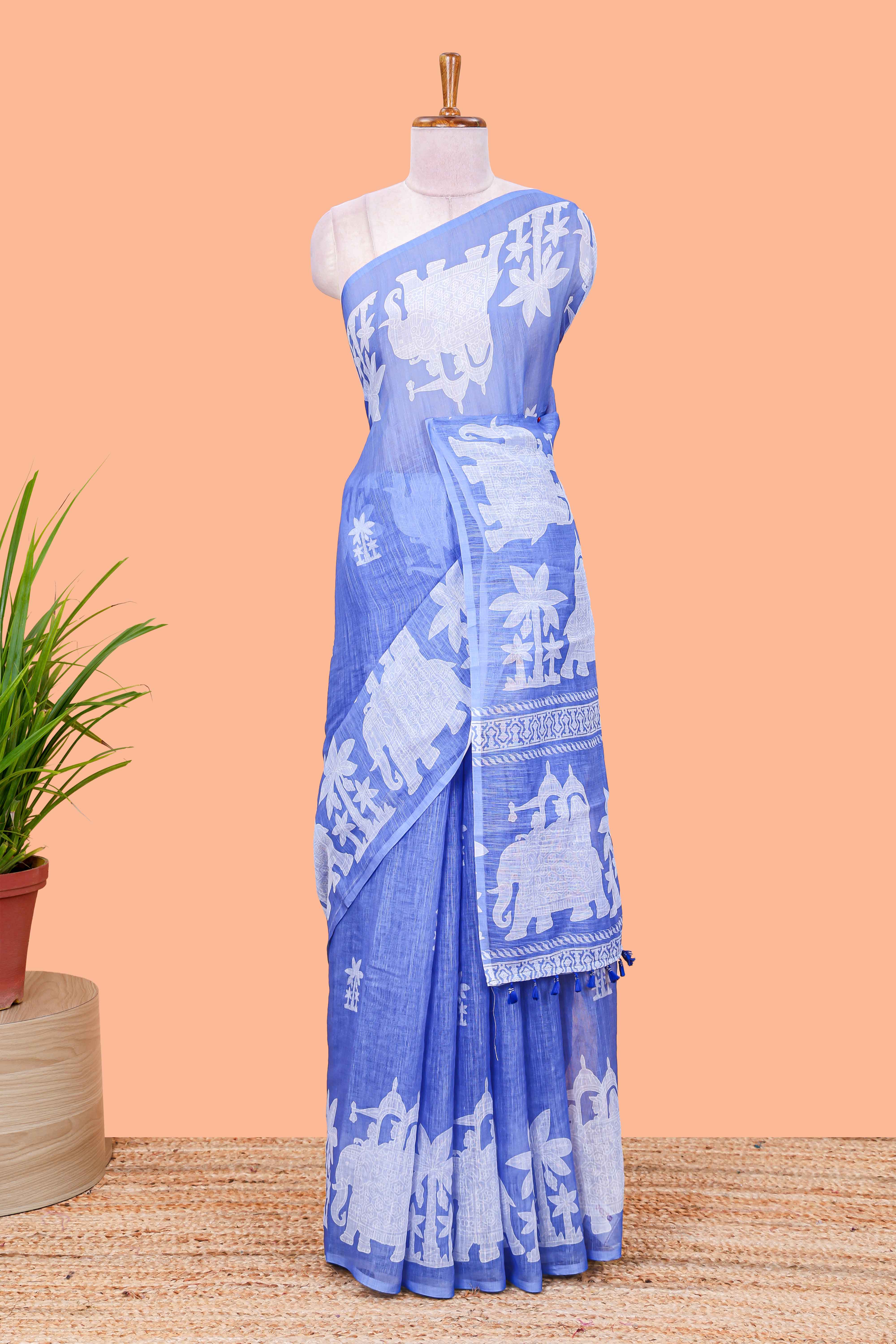 Blue cotton linen saree for festive wear