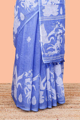 Blue cotton linen saree with floral pattern