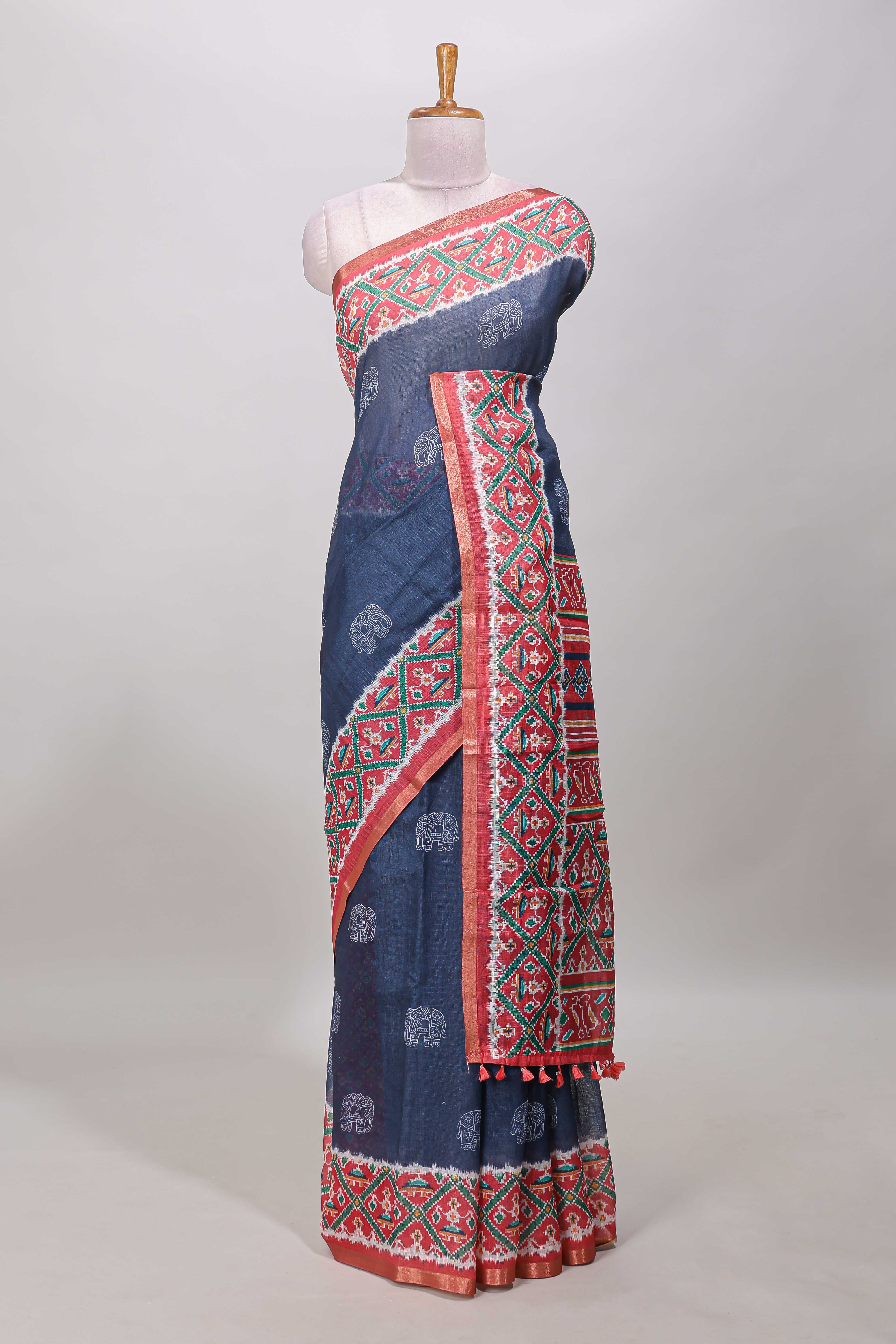  Blue elephant linen cotton saree