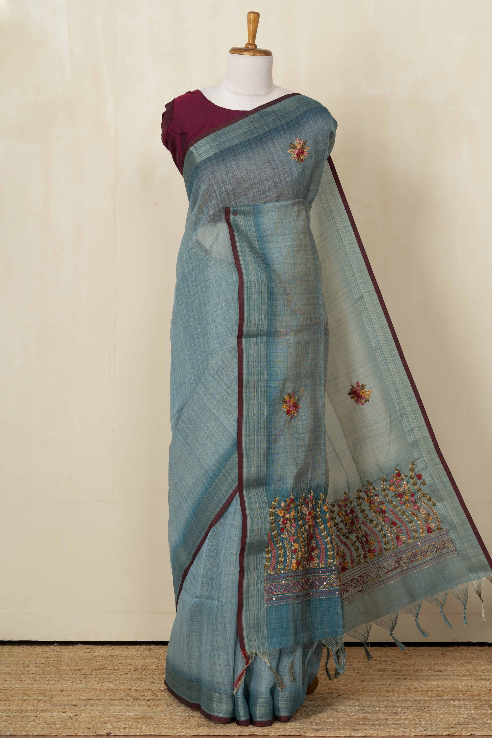 Blue embroidered linen saree