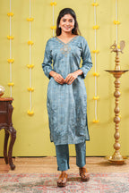 Blue embroidered neckline outfit
