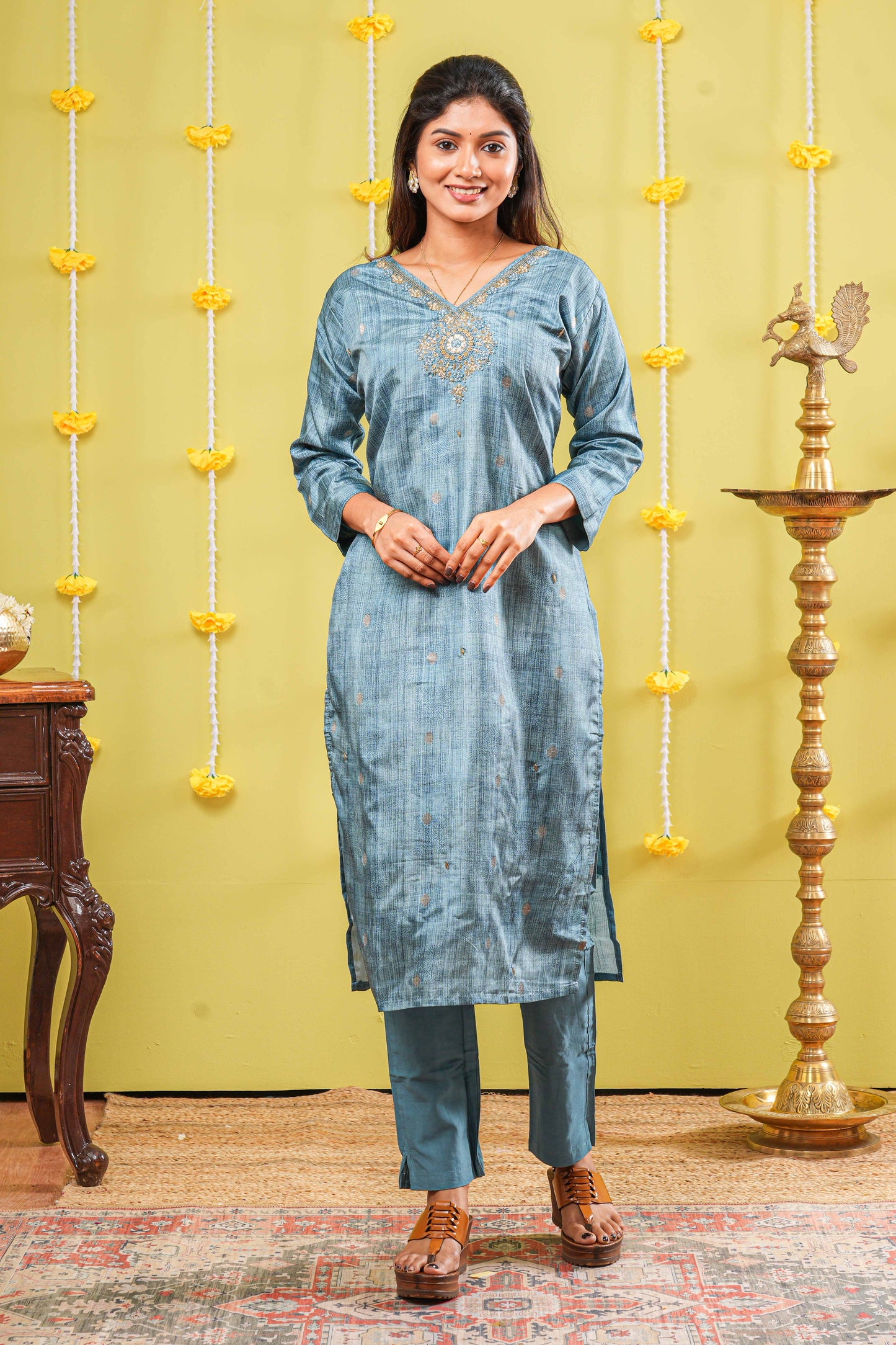 Blue embroidered neckline outfit