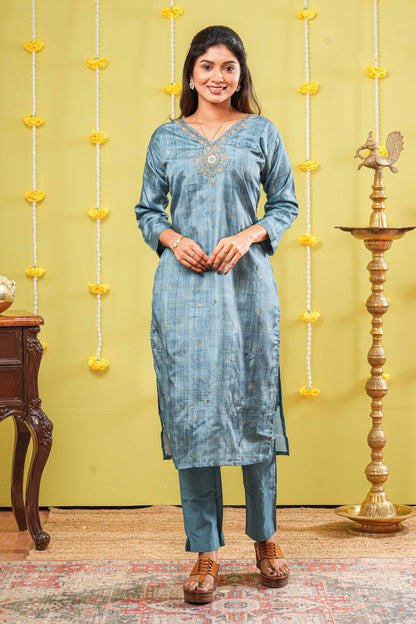 Blue embroidered neckline outfit