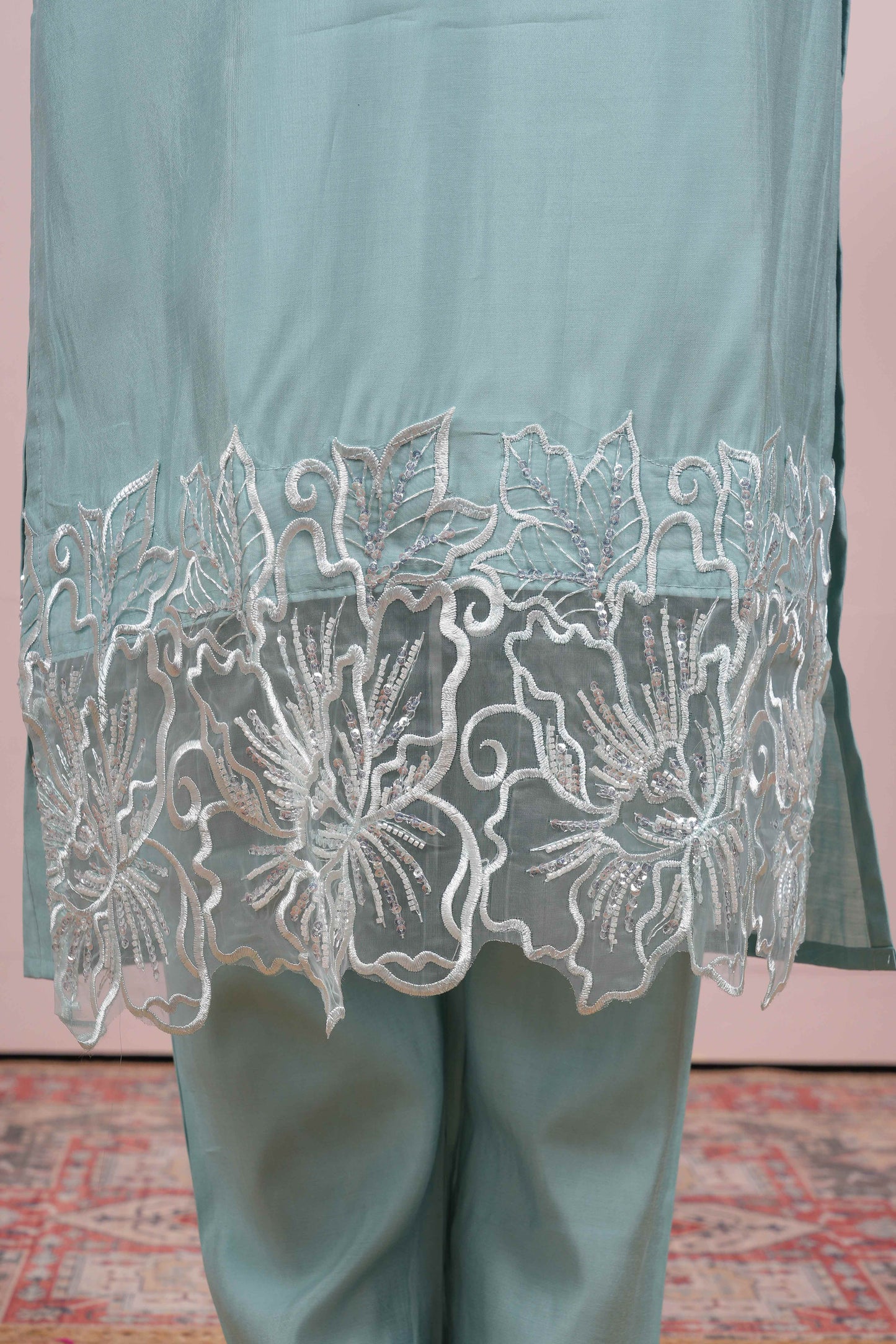 Blue embroidered neckline suit