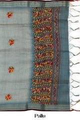 Blue embroidery linen saree