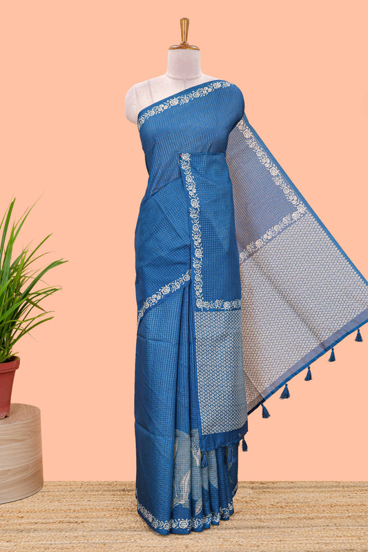 Blue featuring crane bird motif print and contrast pallu Kota cotton sare