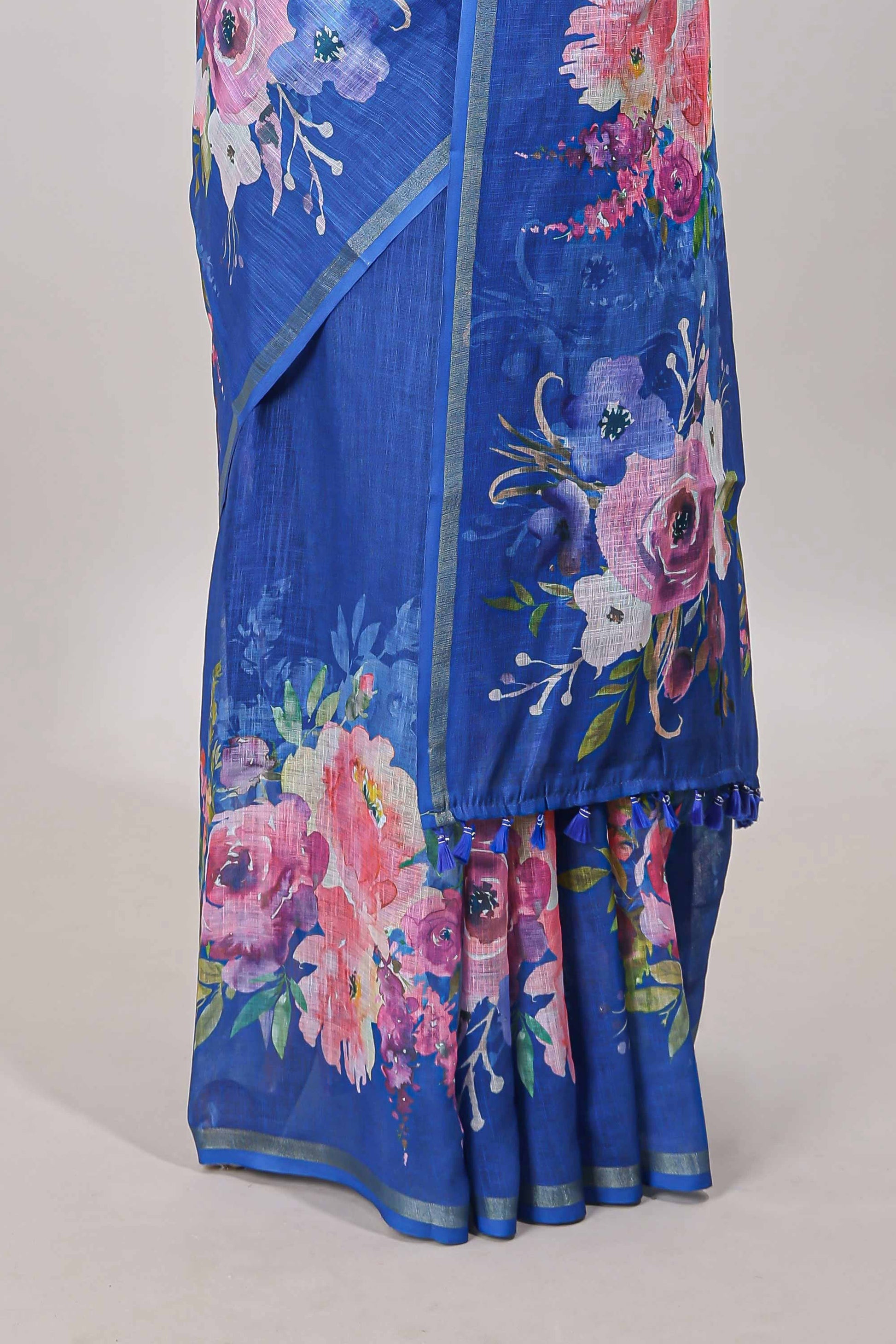 Blue floral cotton silk saree