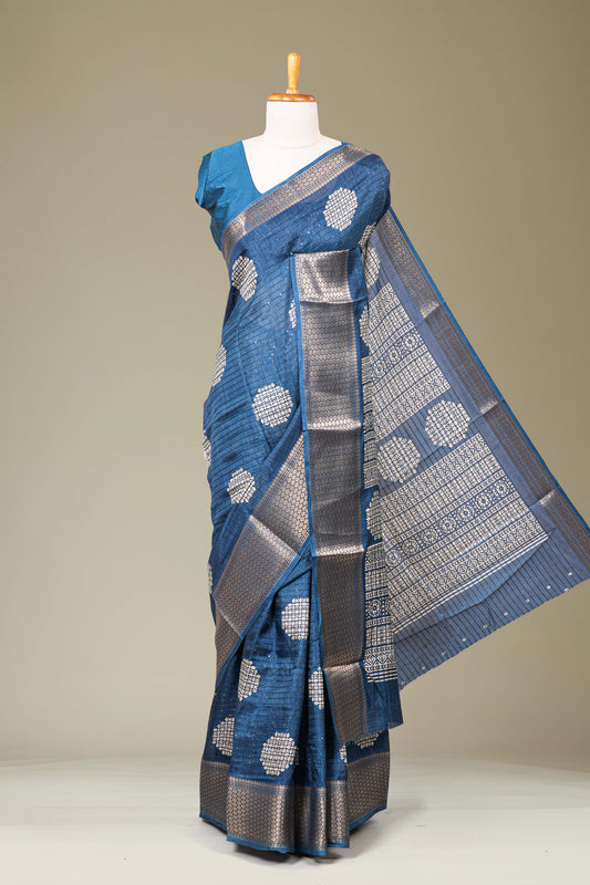 Blue floral dupion silk saree