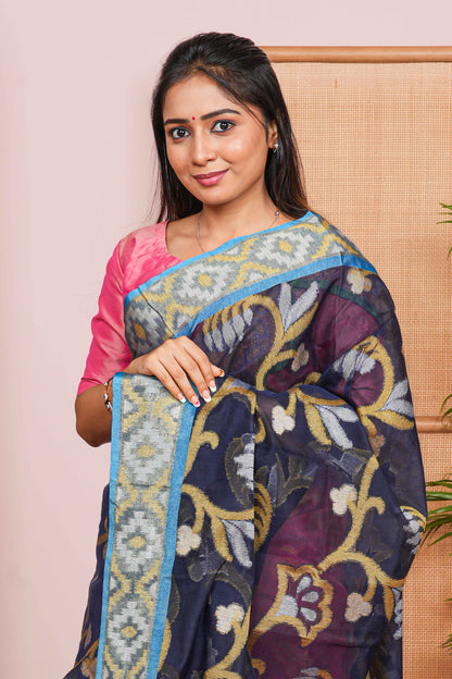 Blue floral jaal chanderi cotton saree with contrast pallu